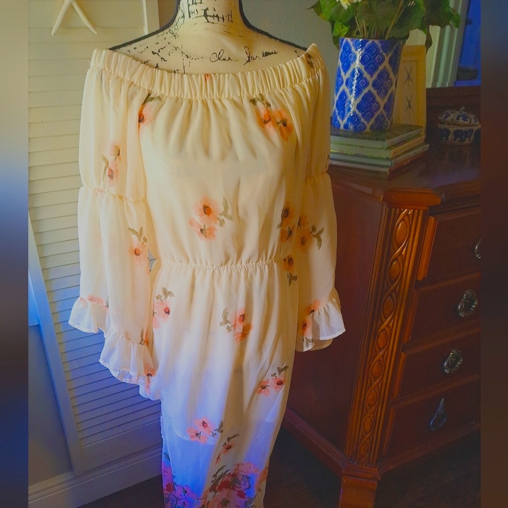 Off the shoulder floral midi dress with ruffle sleeves
